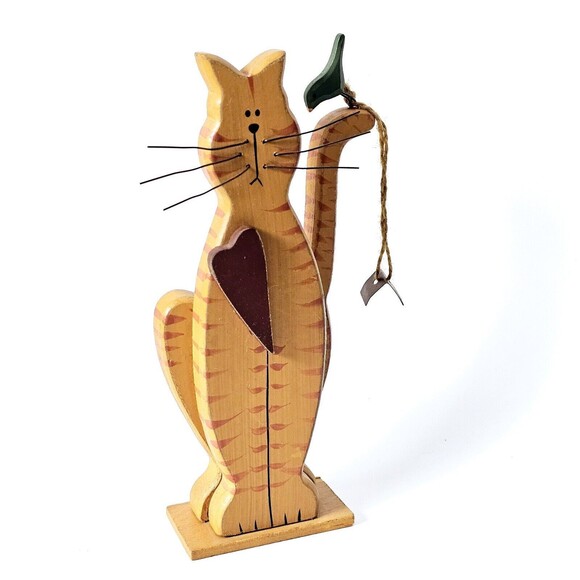 Cat Folk Art Wooden Figure with Bird Wire Whiskers 8" Primitive Tabby - Picture 8 of 8